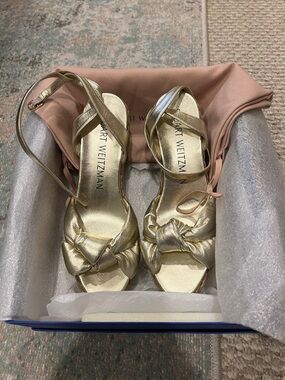 Stuart Weitzman Metallic Gold Knotted Ankle-Strap Heels